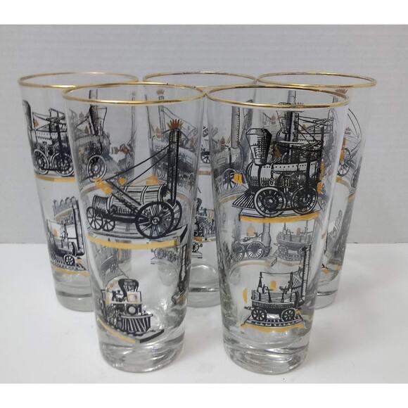 Vtg Libby Glassware Locomotive Trian Engine Industrial Age Steampunk Set of 5 - Picture 1 of 10